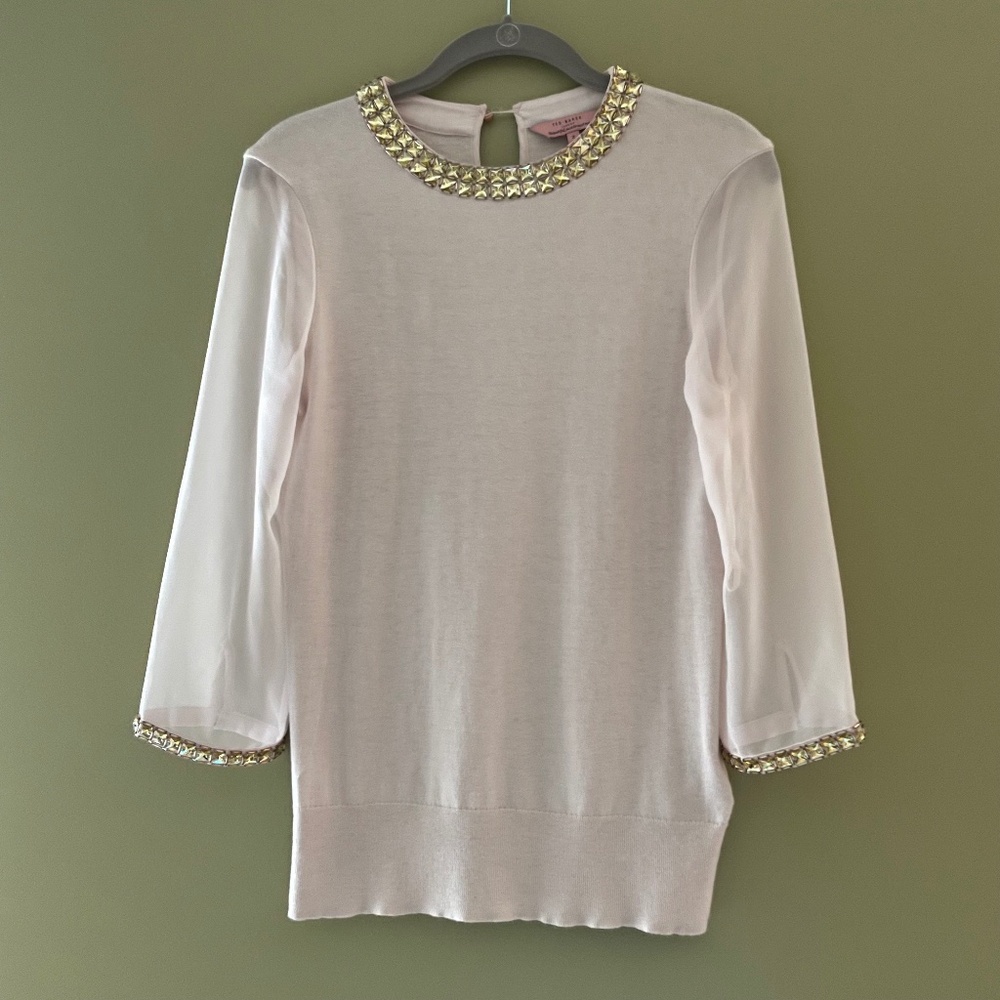 Ted Baker Womens 2 US 6 Pink Embellished‎ Sheer Sleeve Sweater Romantic Coquette